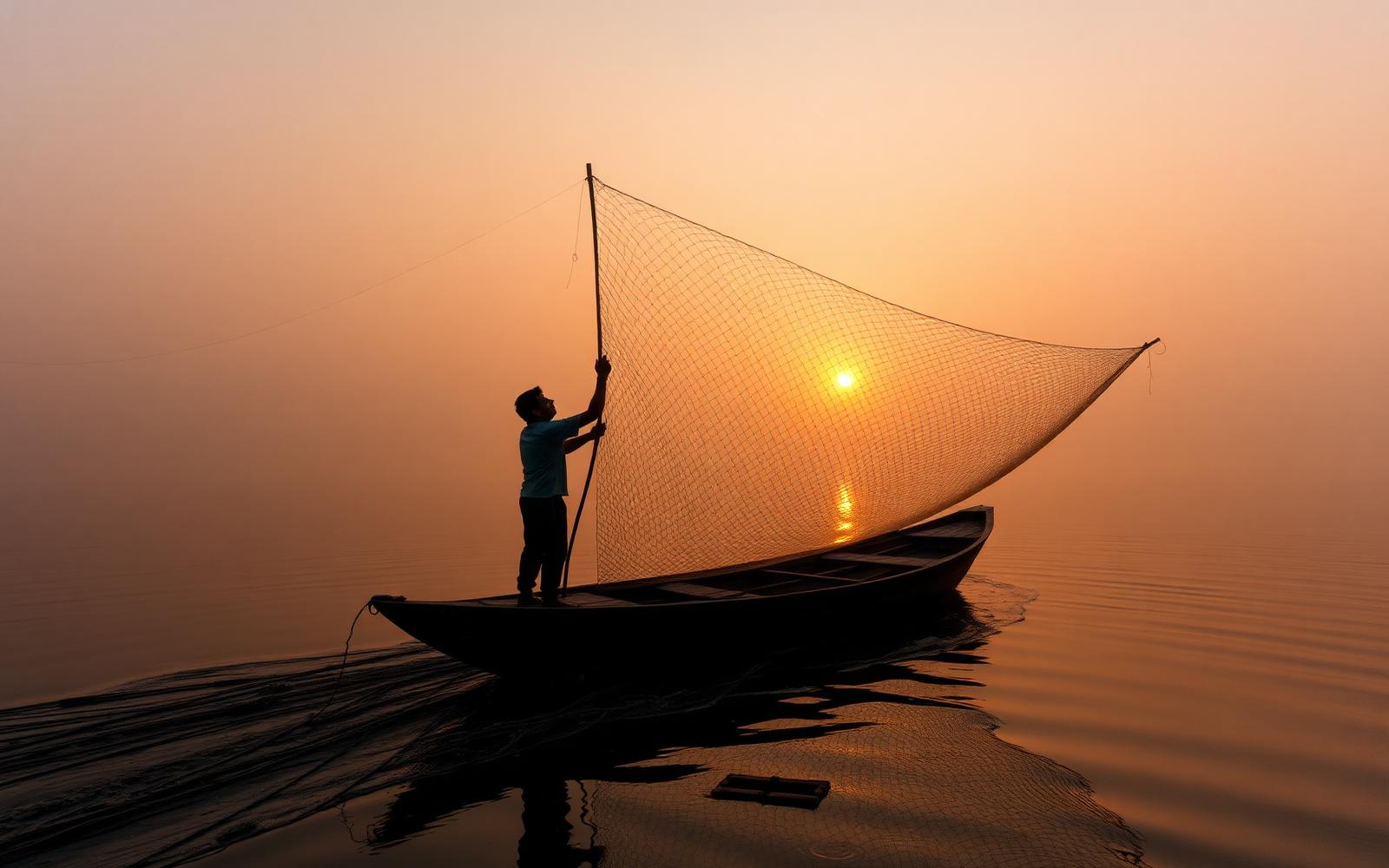 Fisherman at sunrise on a Bangladeshi river